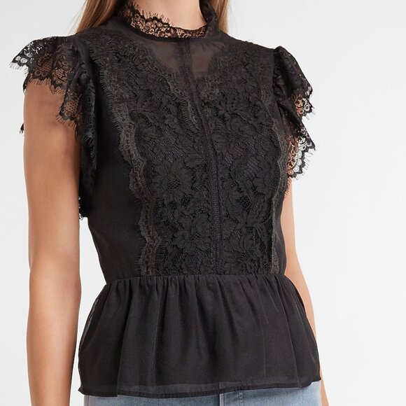 Express | Black Lace Organza Short Sleeve Peplum Top | Size Small - Picture 1 of 13